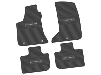 Factory Floorpan Fit Custom Vintage Scene Front and Rear Floor Mats with Silver Charger Insert; Black (11-23 AWD Charger)