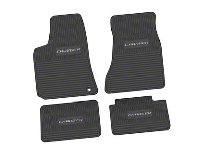 Factory Floorpan Fit Custom Vintage Scene Front and Rear Floor Mats with Silver Charger Insert; Black (06-10 RWD Charger)