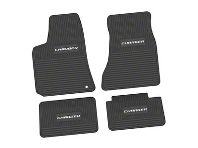Factory Floorpan Fit Custom Vintage Scene Front and Rear Floor Mats with White Charger Insert; Black (06-10 RWD Charger)