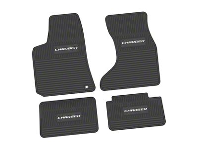 Factory Floorpan Fit Custom Vintage Scene Front and Rear Floor Mats with White Charger Insert; Black (07-10 AWD Charger)