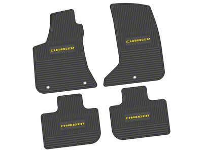 Factory Floorpan Fit Custom Vintage Scene Front and Rear Floor Mats with Yellow Charger Insert; Black (11-23 AWD Charger)