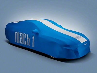 Ford Indoor Full Car Cover with Mach 1 Logo; Blue and White (21-23 Mustang Mach 1 w/ Standard Spoiler)