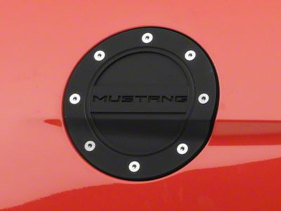 Drake Muscle Cars Competition Series Fuel Door with Mustang Logo; Black (15-23 Mustang)