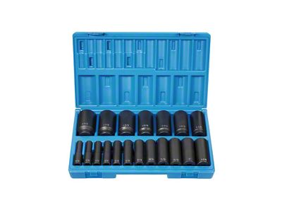 Grey Pnuematic 1/2-Inch Drive Deep Length SAE Impact Socket Set; 12-Point; 19-Piece