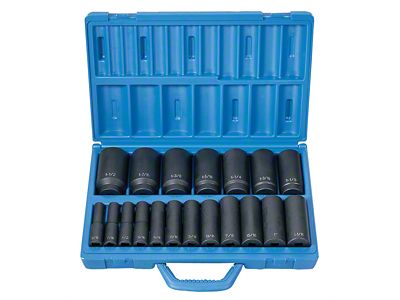 Grey Pnuematic 1/2-Inch Drive Deep Length SAE Impact Socket Set; 6-Point; 19-Piece