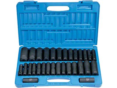 Grey Pnuematic 1/2-Inch Drive Deep Length SAE Impact Socket Set; 6-Point; 30-Piece