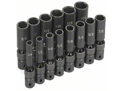 Grey Pnuematic 1/2-Inch Drive Deep Length SAE Universal Impact Socket Set; 6-Point; 14-Piece