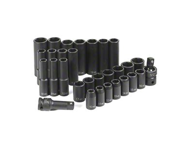 Grey Pnuematic 1/2-Inch Drive Standard and Deep Length Metric Impact Socket Set; 6-Point; 30-Piece