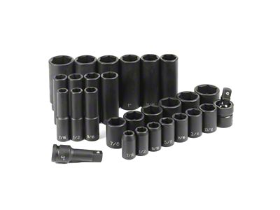 Grey Pnuematic 1/2-Inch Drive Standard and Deep Length SAE Impact Socket Set; 6-Point; 28-Piece