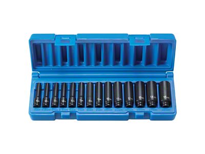 Grey Pnuematic 1/4-Inch Drive Deep Length Metric Surface Drive Impact Socket Set; 14-Piece