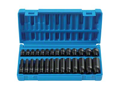 Grey Pnuematic 1/4-Inch Drive Standard and Deep Length Metric Surface Drive Impact Socket Set; 28-Piece