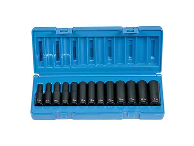 Grey Pnuematic 3/8-Inch Drive Deep Length 12-Point Metric Impact Socket Set; 13-Piece