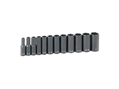 Grey Pnuematic 3/8-Inch Drive Deep Length SAE Impact Socket Set; 6-Point; 12-Piece
