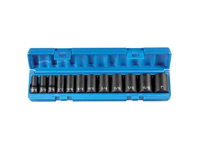 Grey Pnuematic 3/8-Inch Drive Semi-Deep Length 12-Point SAE Impact Socket Set; 12-Piece