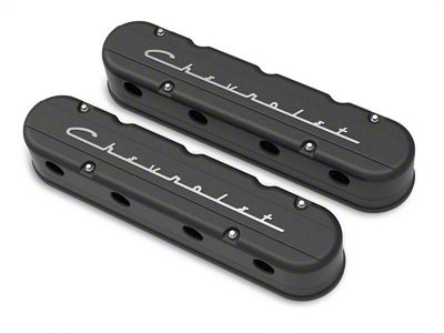 Holley Chevrolet Script Valve Covers; Black Machined (10-15 V8 Camaro)