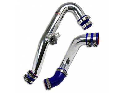 HPS Intercooler Hot and Cold Side Charge Pipes with Blue Hoses; Polished (15-23 Mustang EcoBoost)