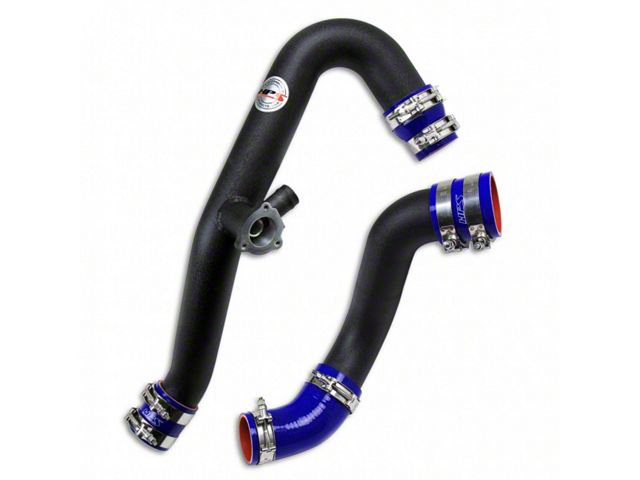 HPS Intercooler Hot and Cold Side Charge Pipes with Blue Hoses; Wrinkle Black (15-23 Mustang EcoBoost)