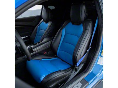Premium Artificial Leather Front and Rear Seat Covers; Black with Blue Accent (16-24 Camaro Coupe w/ RECARO Seats)