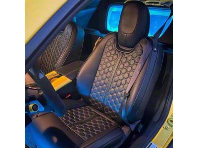 Premium Artificial Leather Front and Rear Seat Covers; All Black with White Stitching Honeycomb Accent (10-15 Camaro Coupe w/o 1LE Competition Seat)