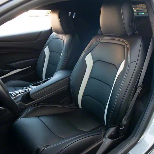 Premium Artificial Leather Front and Rear Seat Covers; Black with Gray Wing Suede Accent Insert (16-24 Camaro Coupe w/o 1LE Competition Seat)