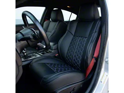 Kustom Interior Premium Artificial Leather Front Seat Covers; All Black With Honeycomb Accent (15-23 Challenger Scat Pack & SRT w/ Performance Seats; 19-23 Challenger R/T w/ Performance Seats)