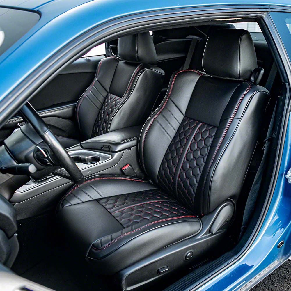 Challenger Premium Artificial Leather Front and Rear Seat Covers All Black with Red Stitching Honeycomb Accent 15 23 Challenger w Performance Seats Free Shipping