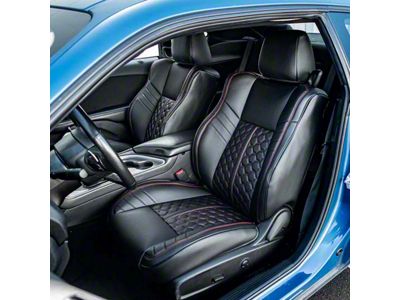 Premium Artificial Leather Front and Rear Seat Covers; All Black with Red Stitching Honeycomb Accent (15-23 Charger w/ Performance Seats)