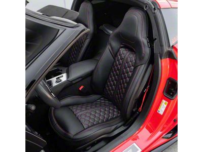 Premium Artificial Leather Front and Rear Seat Covers; All Black with Red Stitching Honeycomb Accent (14-19 Corvette C7 w/o Competition Seat)