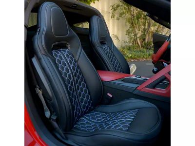 Premium Artificial Leather Front and Rear Seat Covers; All Black with White Stitching Honeycomb Accent (14-19 Corvette C7 w/o Competition Seat)