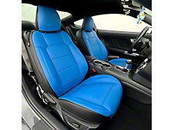 Kustom Interior Premium Artificial Leather Front and Rear Seat Covers; Black with Blue Front Face (24-26 Mustang Fastback w/o RECARO Seats)