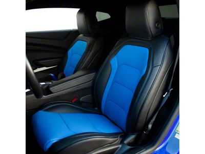 Premium Artificial Leather Front and Rear Seat Covers; Black with Blue Accent (16-24 Camaro Coupe w/o 1LE Competition Seat)