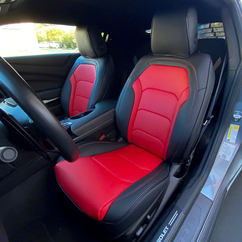 Kustom Interiors Camaro Premium Artificial Leather Front and Rear Seat Covers; Black with Red