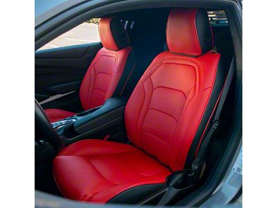 Kustom Interior Premium Artificial Leather Front and Rear Seat Covers; Black with Red Front Face (16-24 Camaro Coupe w/o 1LE Competition Seat)