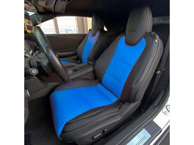 Kustom Interior Premium Artificial Leather Front and Rear Seat Covers; Black with Blue Accent (11-15 Camaro Convertible)