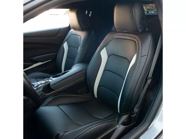 Kustom Interior Premium Artificial Leather Front and Rear Seat Covers; Black with Gray Wing Accent (16-24 Camaro Convertible)