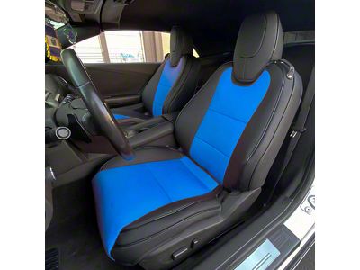 Premium Artificial Leather Front and Rear Seat Covers; Black with Blue Accent (10-15 Camaro Coupe w/o 1LE Competition Seat)