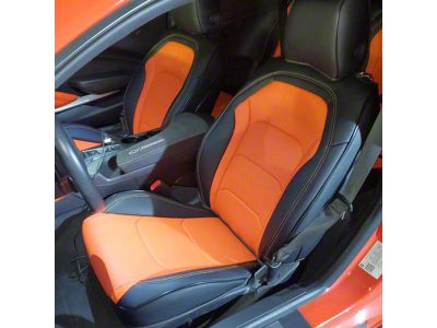 Premium Artificial Leather Front and Rear Seat Covers; Black with Orange Accent (16-24 Camaro Convertible)