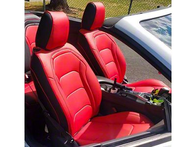 Premium Artificial Leather Front and Rear Seat Covers; Black with Red Front Face (16-24 Camaro Convertible)