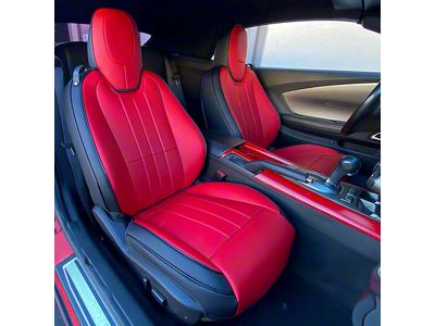 Premium Artificial Leather Front and Rear Seat Covers; Black with Red Front Face (11-15 Camaro Convertible)