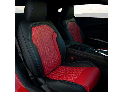 Premium Artificial Leather Front and Rear Seat Covers; Black with Red Honeycomb Accent (16-24 Camaro Convertible)