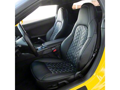 Kustom Interior Premium Artificial Leather Seat Covers; All Black with White Stitching Honeycomb Accent (05-13 Corvette C6 w/o Competition Seat)