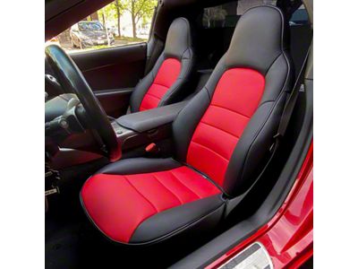 Premium Artificial Leather Seat Covers; Black and Red (05-13 Corvette C6 w/o Competition Seat)