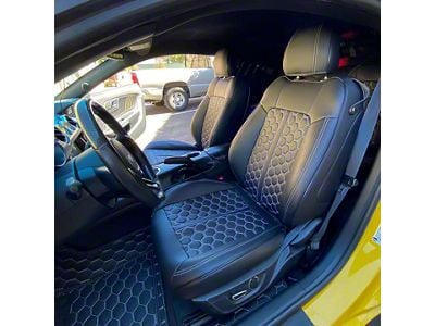 Kustom Interior Premium Artificial Leather Front and Rear Seat Covers; All Black with White Stitching Honeycomb Accent (15-23 Mustang Fastback w/o RECARO Seats)