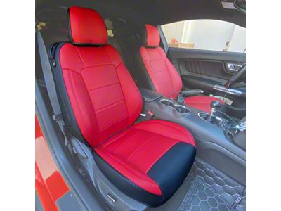 Kustom Interior Premium Artificial Leather Front and Rear Seat Covers; Black with Red Front Face (15-23 Mustang Fastback w/o RECARO Seats)