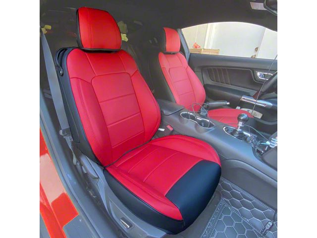 Kustom Interior Premium Artificial Leather Front and Rear Seat Covers; Black with Red Front Face (15-23 Mustang Fastback w/o RECARO Seats)