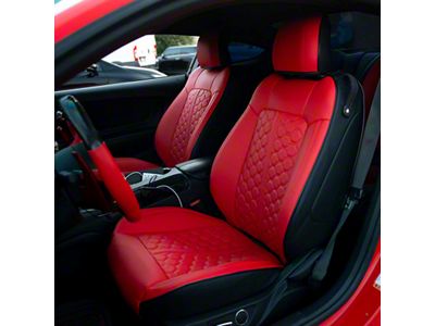 Kustom Interior Premium Artificial Leather Front and Rear Seat Covers; Black with Red Honeycomb Front Face (15-23 Mustang Convertible)