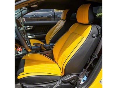 Kustom Interior Premium Artificial Leather Front and Rear Seat Covers; Black with Yellow Front Face (15-23 Mustang Fastback w/o RECARO Seats)