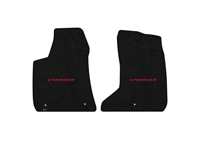 Lloyd Velourtex Front Floor Mats with Red Charger Logo; Black (11-23 AWD Charger)