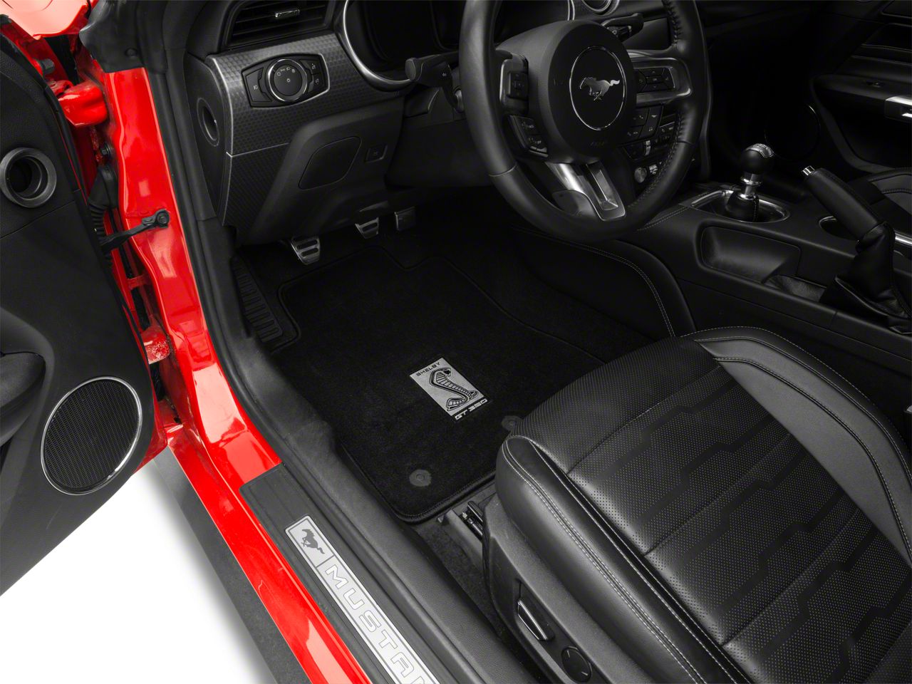 Lloyd Mats 2015-2024 Mustang Black Floor Mat Set With Shelby Snake GT 350 Logo – Red Binding