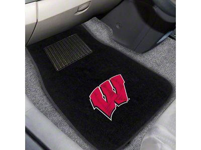 Embroidered Front Floor Mats with University of Wisconsin Logo; Black (Universal; Some Adaptation May Be Required)